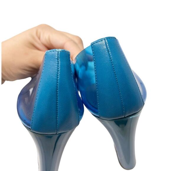 NEW Amina Muaddi Ane Pointed Toe PVC Glass Patent Wedges Heels Blue US 7.5 - Picture 9 of 13